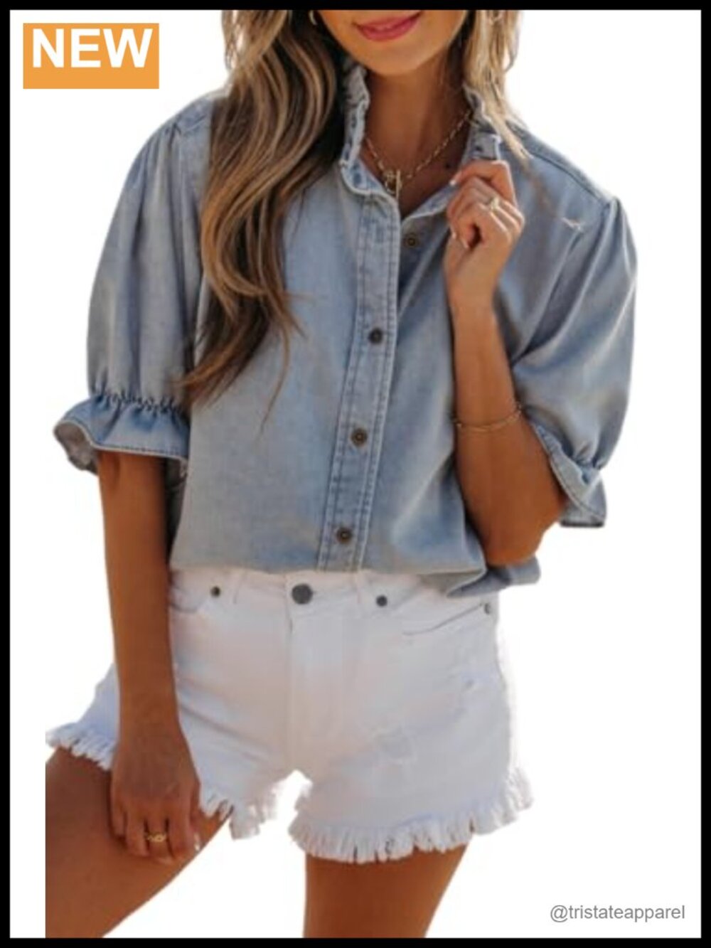 Women's Cotton Blend Ruffle Chambray Button Down Short Sleeve Tunic Top